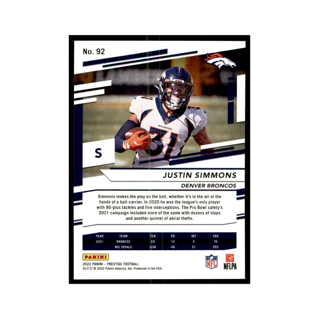 Justin Simmons 2022 Panini Prestige #92 Denver Broncos Football Card NM