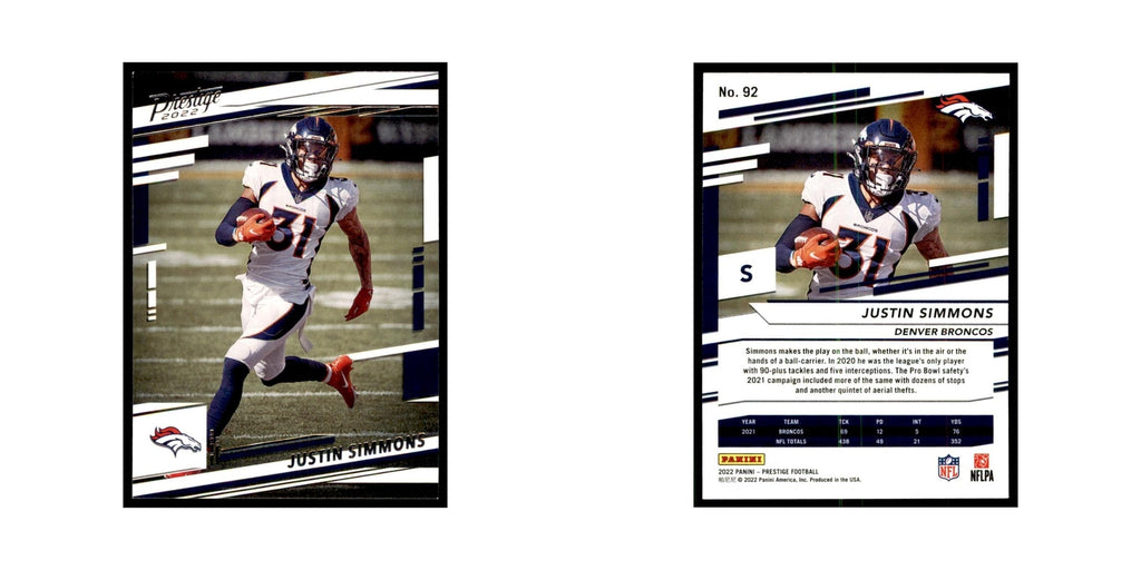 Justin Simmons 2022 Panini Prestige #92 Denver Broncos Football Card NM