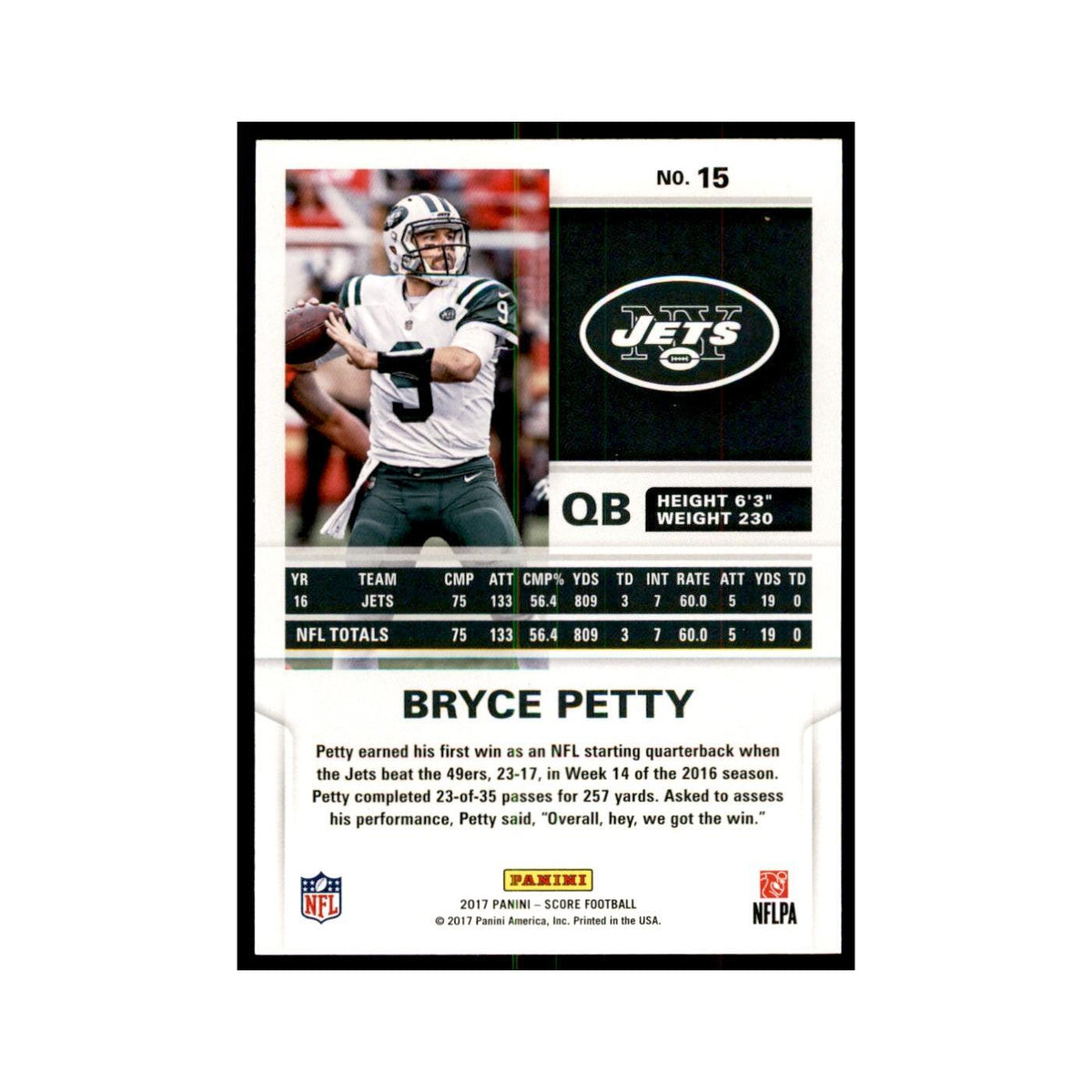 Bryce Petty 2017 Score #15 New York Jets Football Card NM