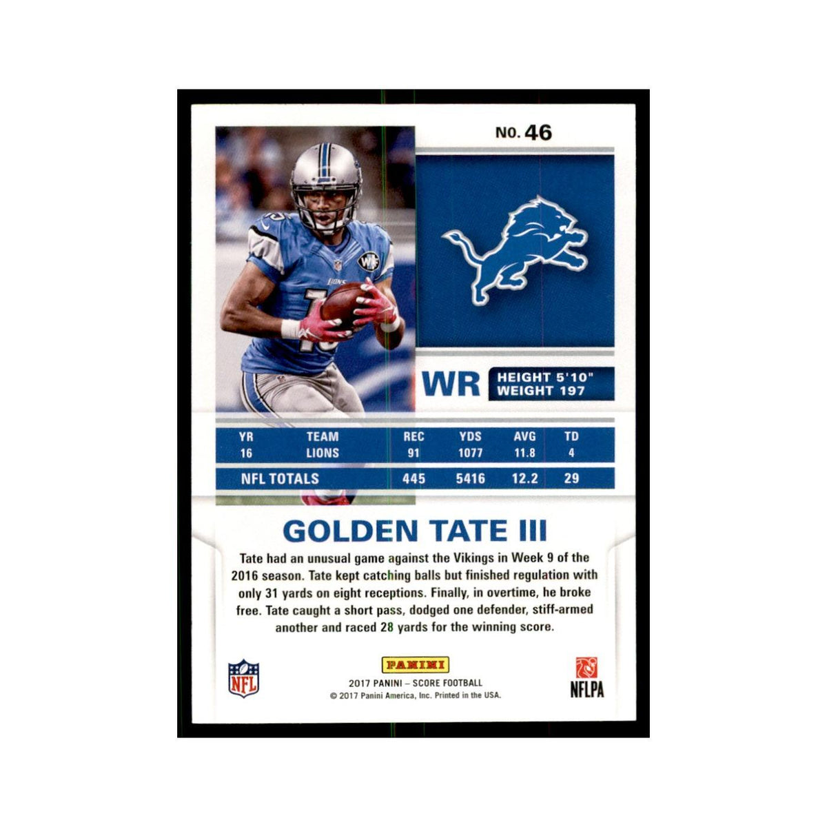 Golden Tate III 2017 Score #46 Detroit Lions Football Card NM