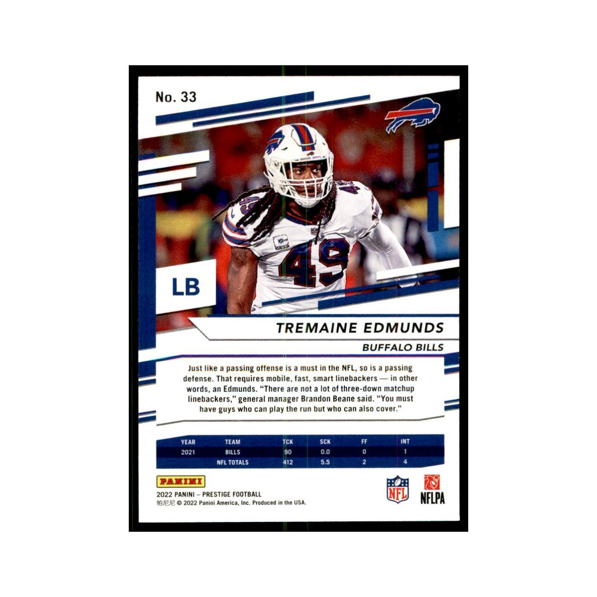 Tremaine Edmunds 2022 Panini Prestige #33 Buffalo Bills Football Card NM