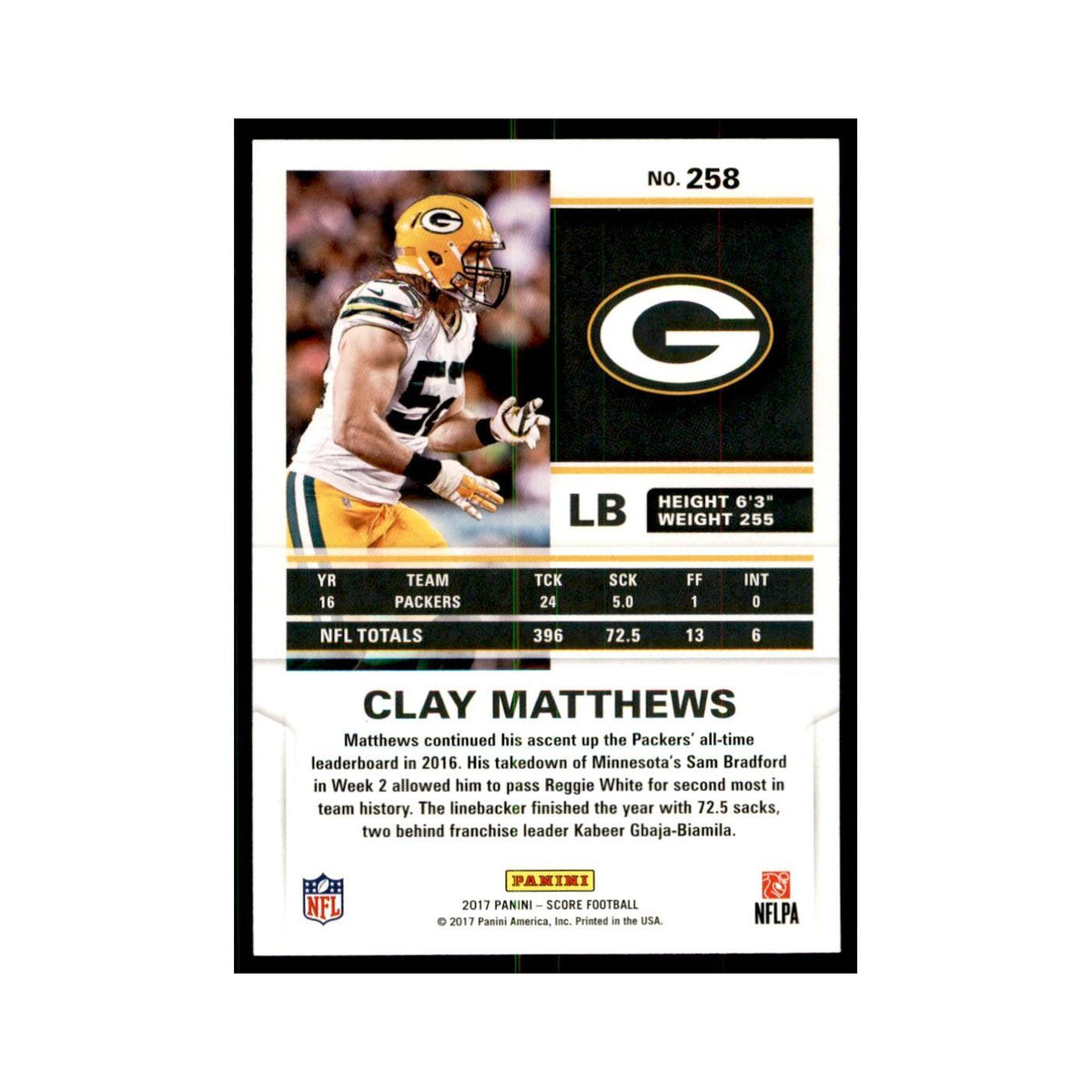Clay Matthews 2017 Score #258 Green Bay Packers Football Card NM