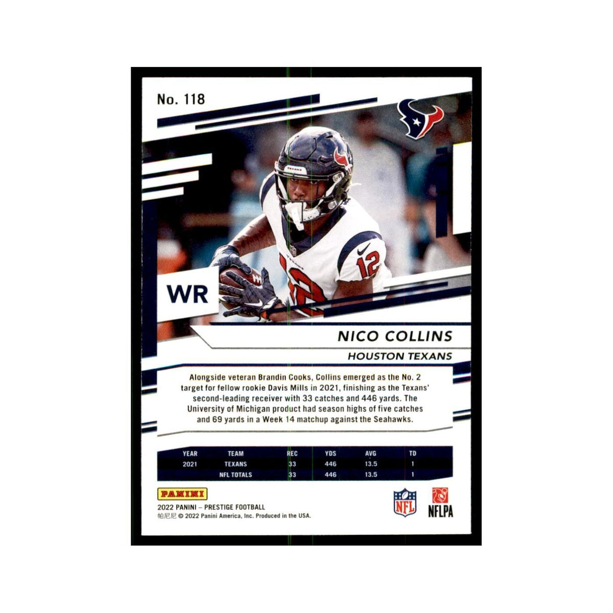 Nico Collins 2022 Panini Prestige #118 Houston Texans Football Card NM
