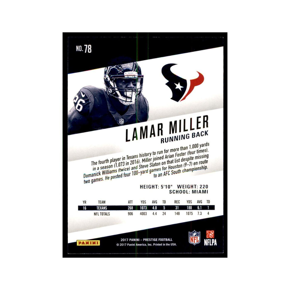 Lamar Miller 2017 Panini Prestige #78 Houston Texans Football Card NM