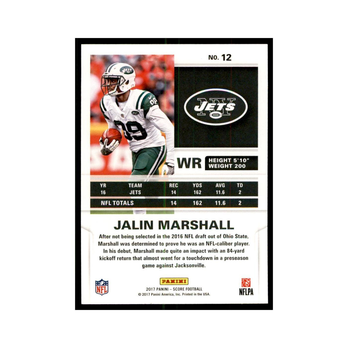Jalin Marshall 2017 Score #12 New York Jets Football Card NM