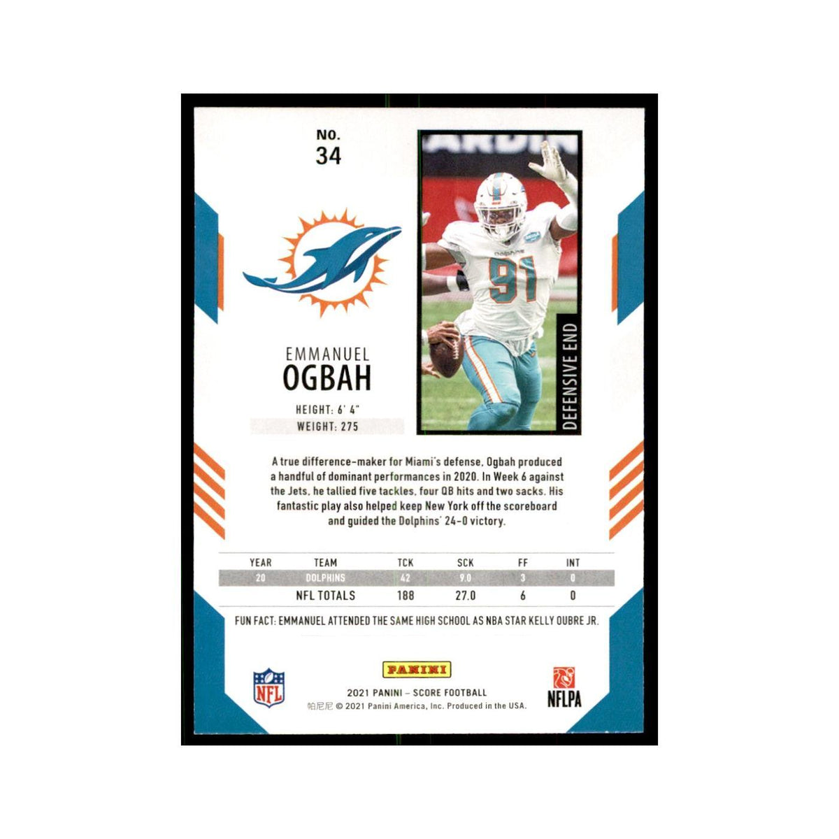 Emmanuel Ogbah 2021 Score #34 Miami Dolphins Football Card NM