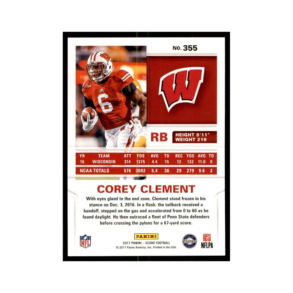 Corey Clement Rookie 2017 Score #355 Wisconsin Badgers Football Card NM
