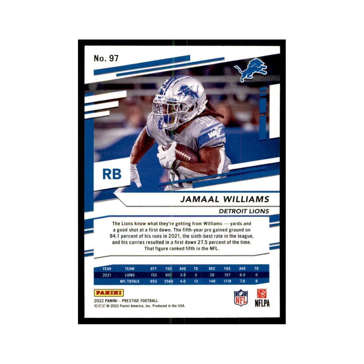 Jamaal Williams 2022 Panini Prestige #97 Detroit Lions Football Card NM