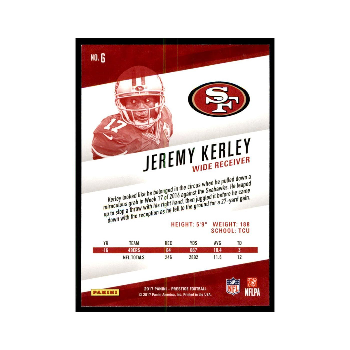 Jeremy Kerley 2017 Panini Prestige #6 San Francisco 49ers Football Card NM