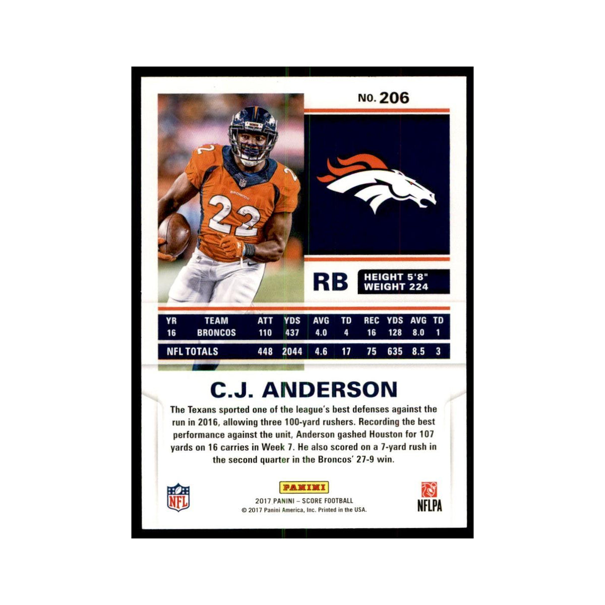C.J. Anderson 2017 Score #206 Denver Broncos Football Card NM