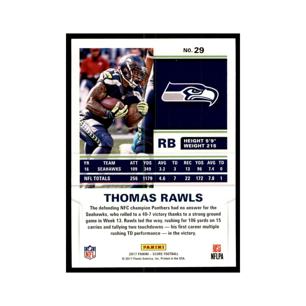 Thomas Rawls 2017 Score #29 Seattle Seahawks Football Card NM