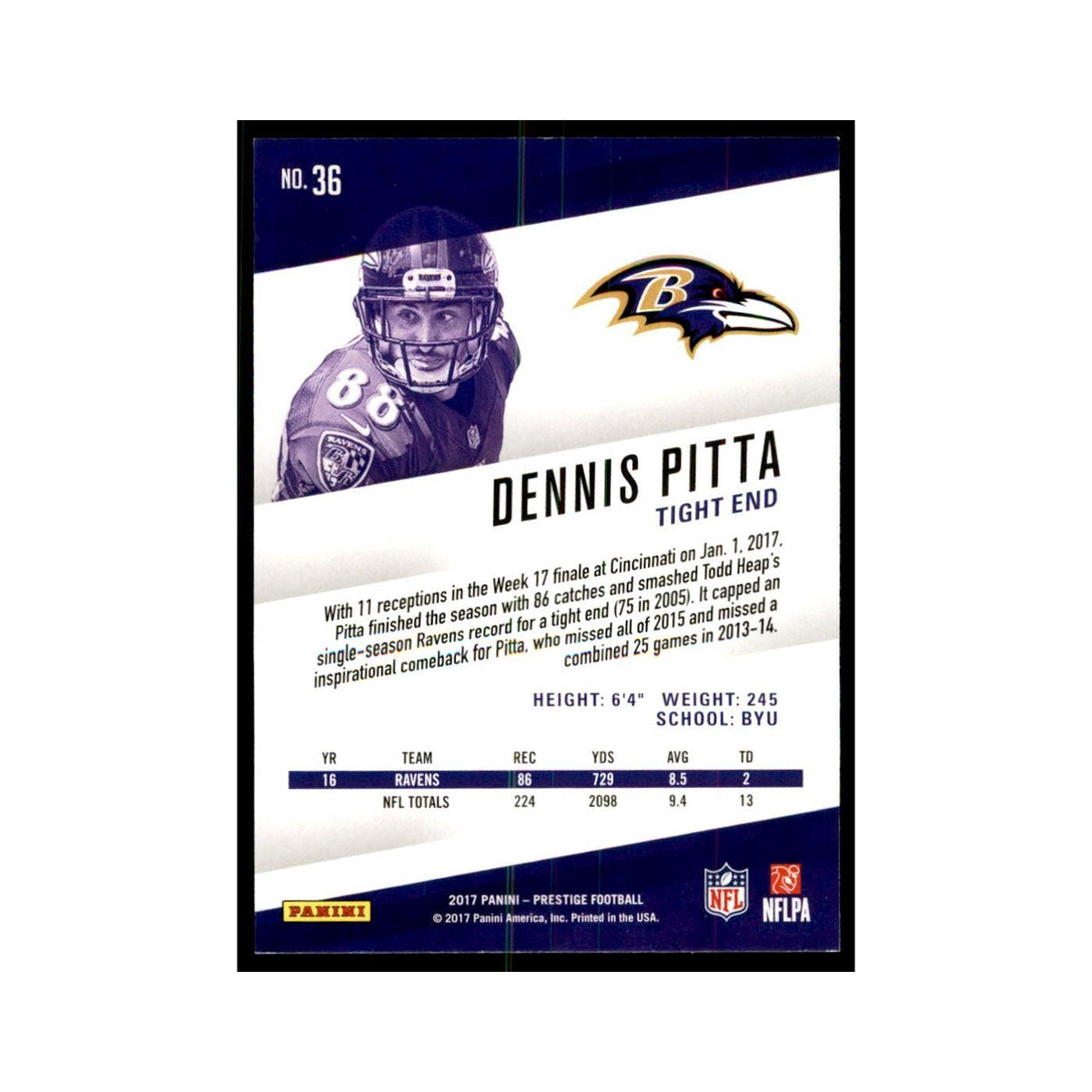 Dennis Pitta 2017 Panini Prestige #36 Baltimore Ravens Football Card NM