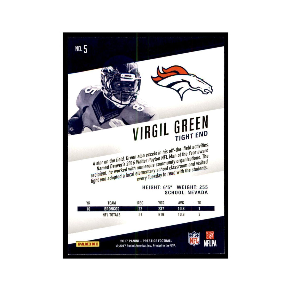 Virgil Green 2017 Panini Prestige #5 Denver Broncos Football Card NM