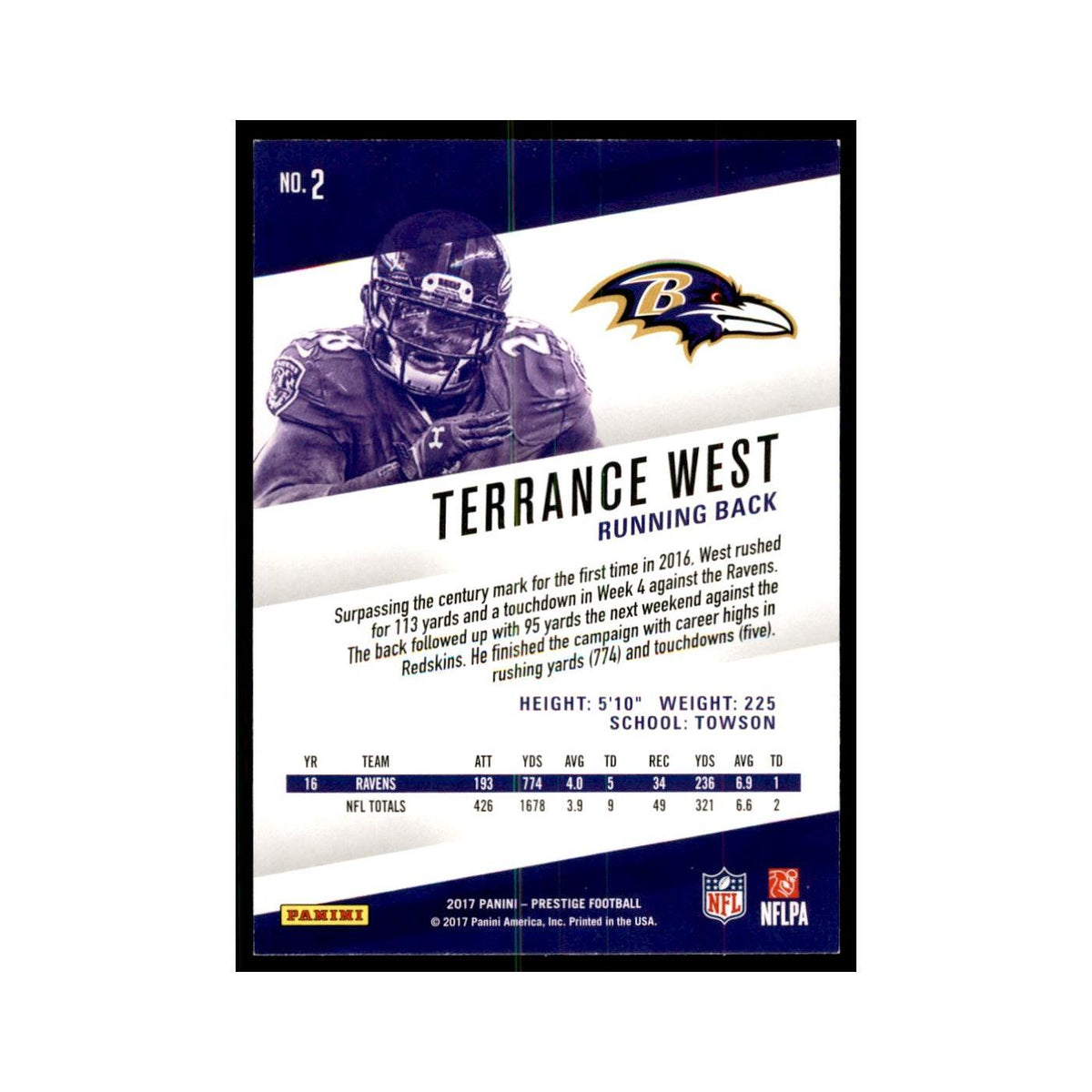 Terrance West 2017 Panini Prestige #2 Baltimore Ravens Football Card NM