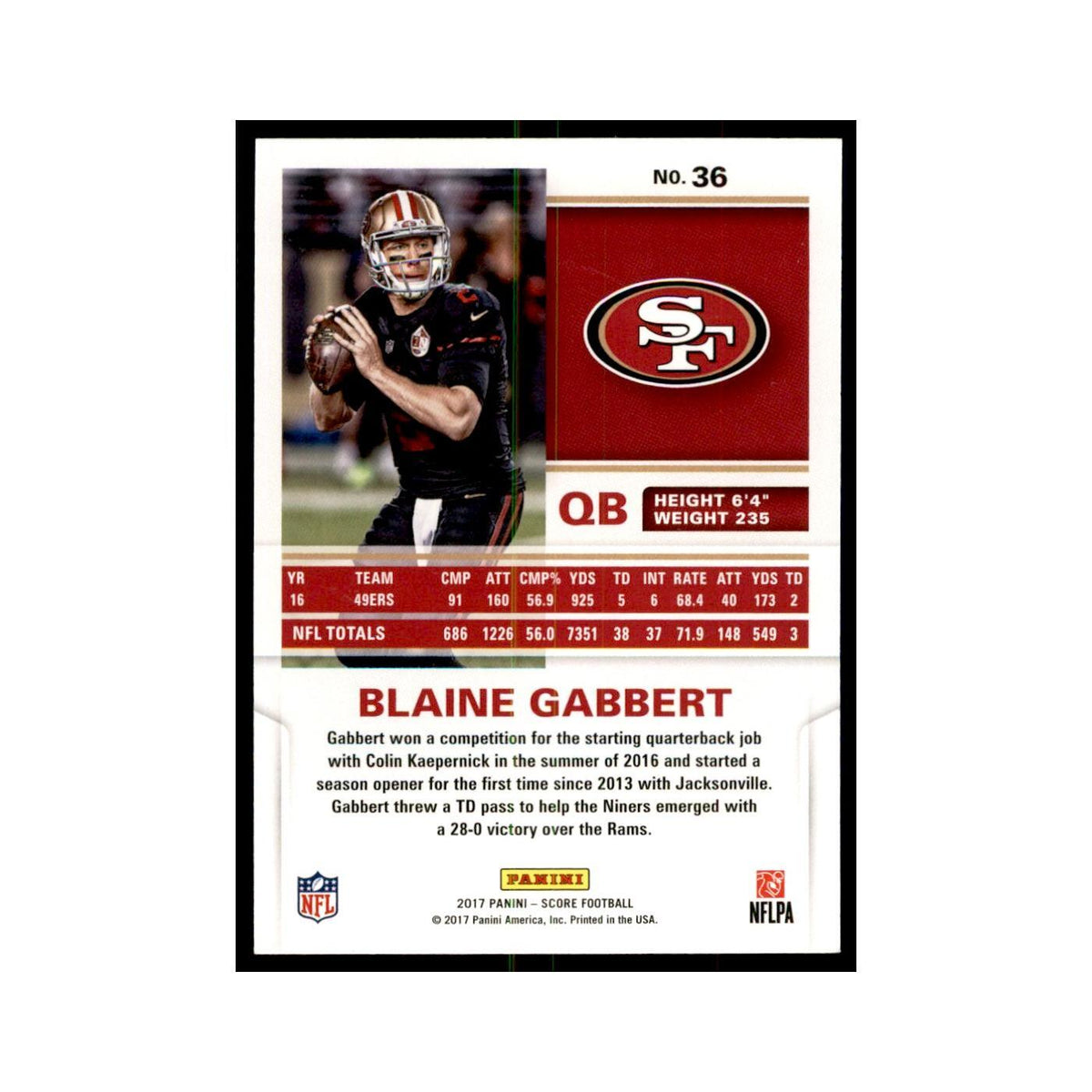 Blaine Gabbert 2017 Score #36 San Francisco 49ers Football Card NM
