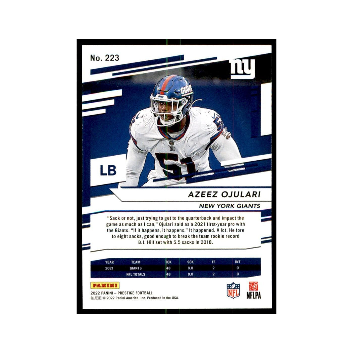 Azeez Ojulari 2022 Panini Prestige #223 New York Giants Football Card NM