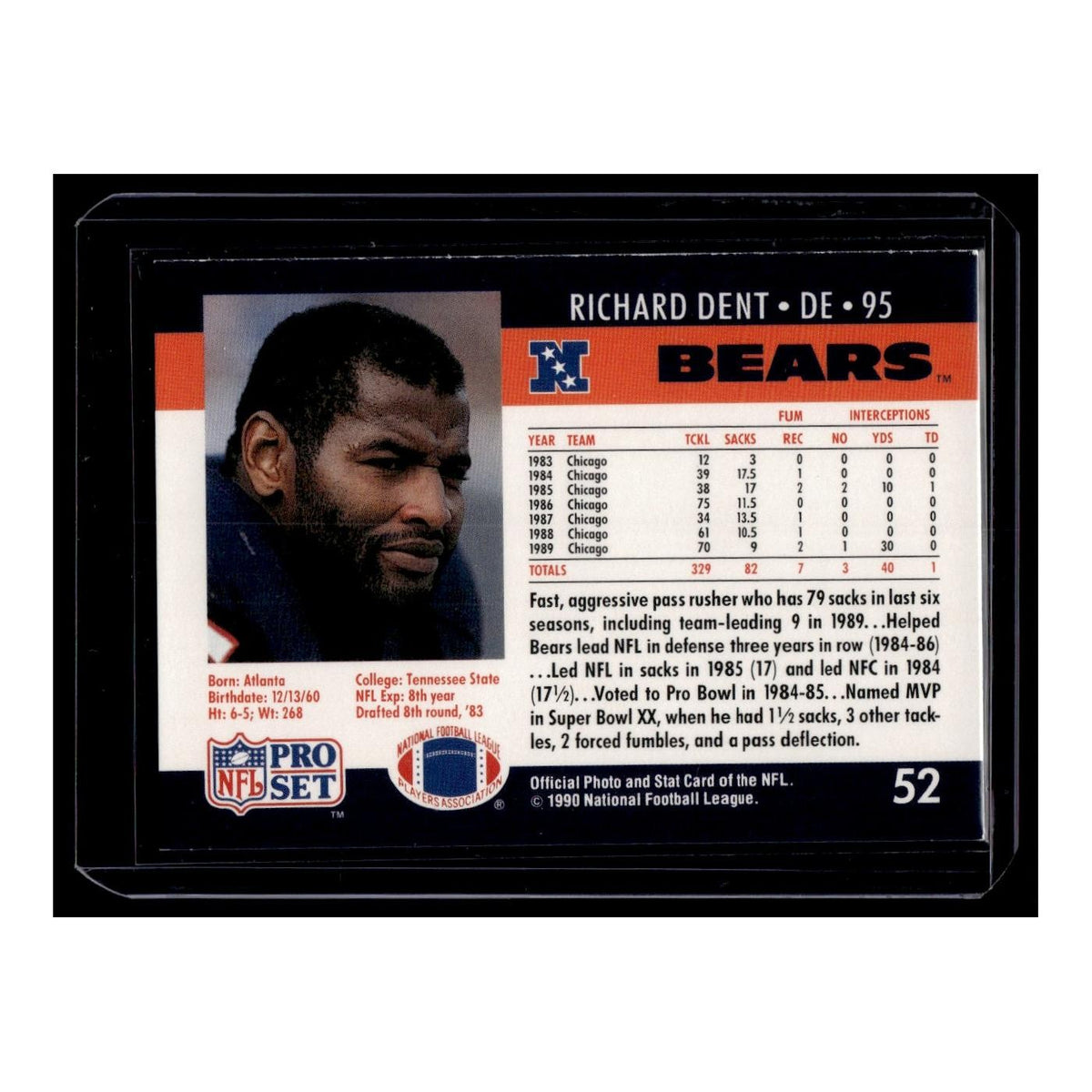 Richard Dent 1990 Pro Set #52 Chicago Bears Football Card NM
