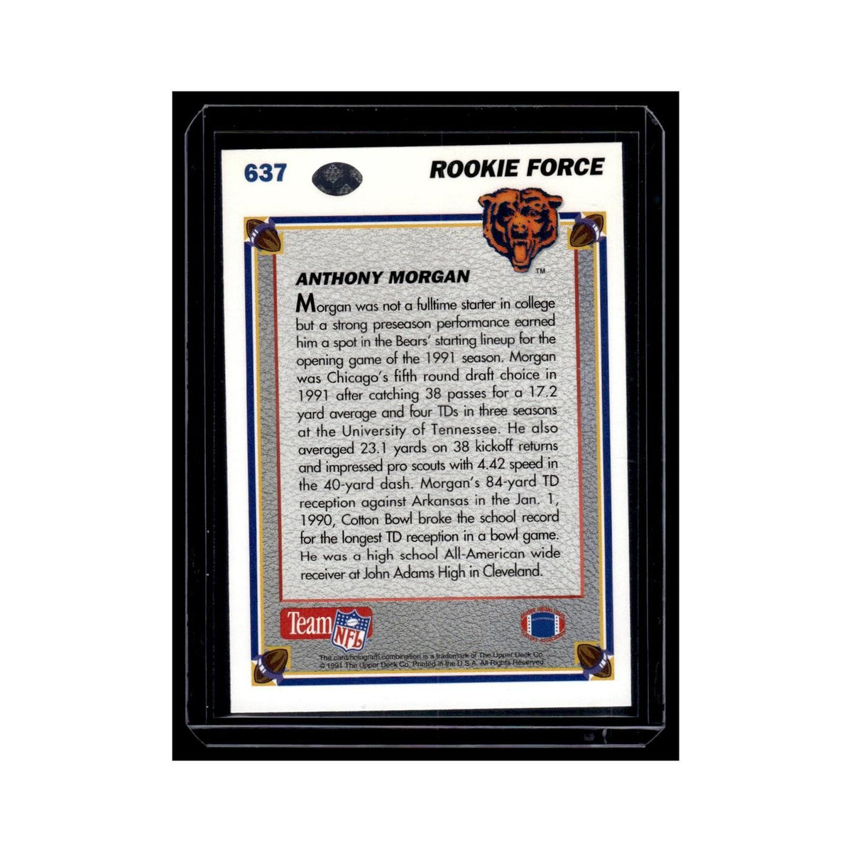 Anthony Morgan Rookie 1991 Upper Deck #637 Chicago Bears Football Card NM