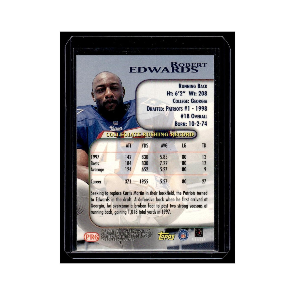 Robert Edwards Rookie 1998 Topps Stadium Club #PR6 New England Patriots NM