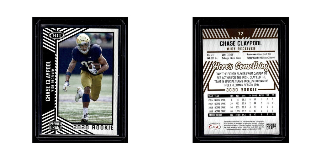 Chase Claypool 2020 SAGE HIT #72 Notre Dame Fighting Irish Football Card NM