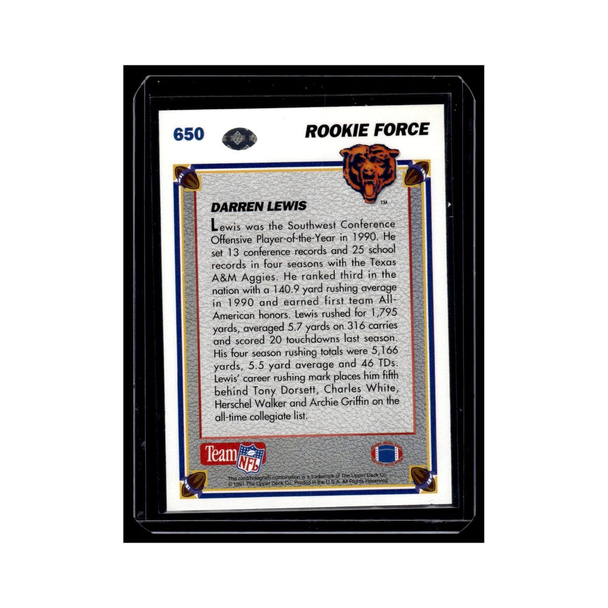 Darren Lewis Rookie 1991 Upper Deck #650 Chicago Bears Football Card NM
