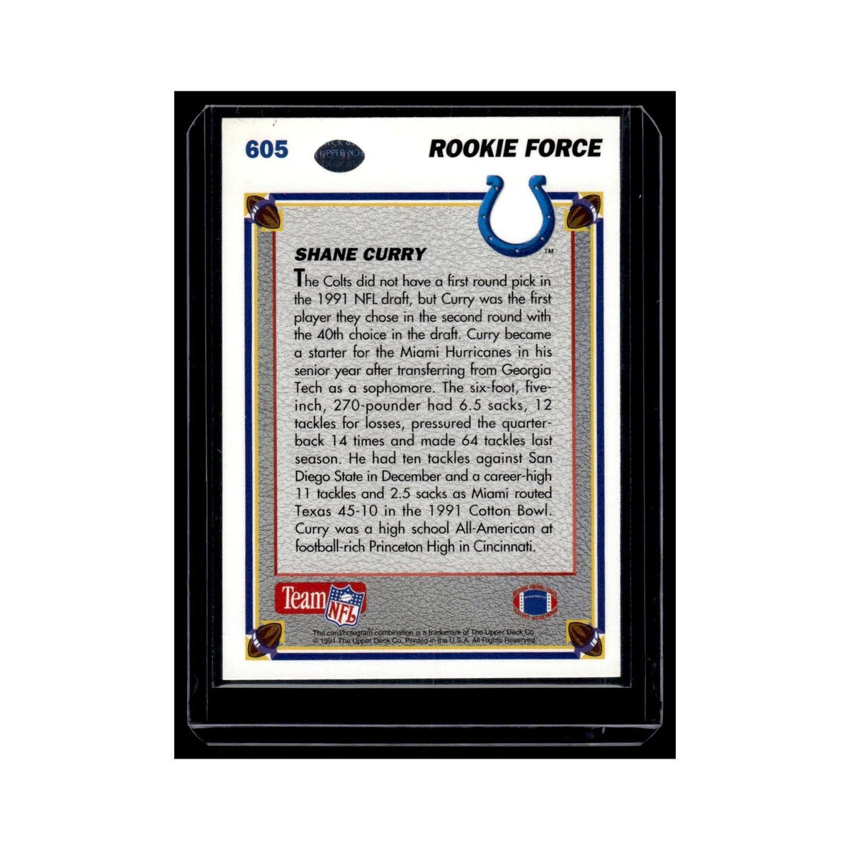 Shane Curry Rookie 1991 Upper Deck #605 Indianapolis Colts Football Card NM