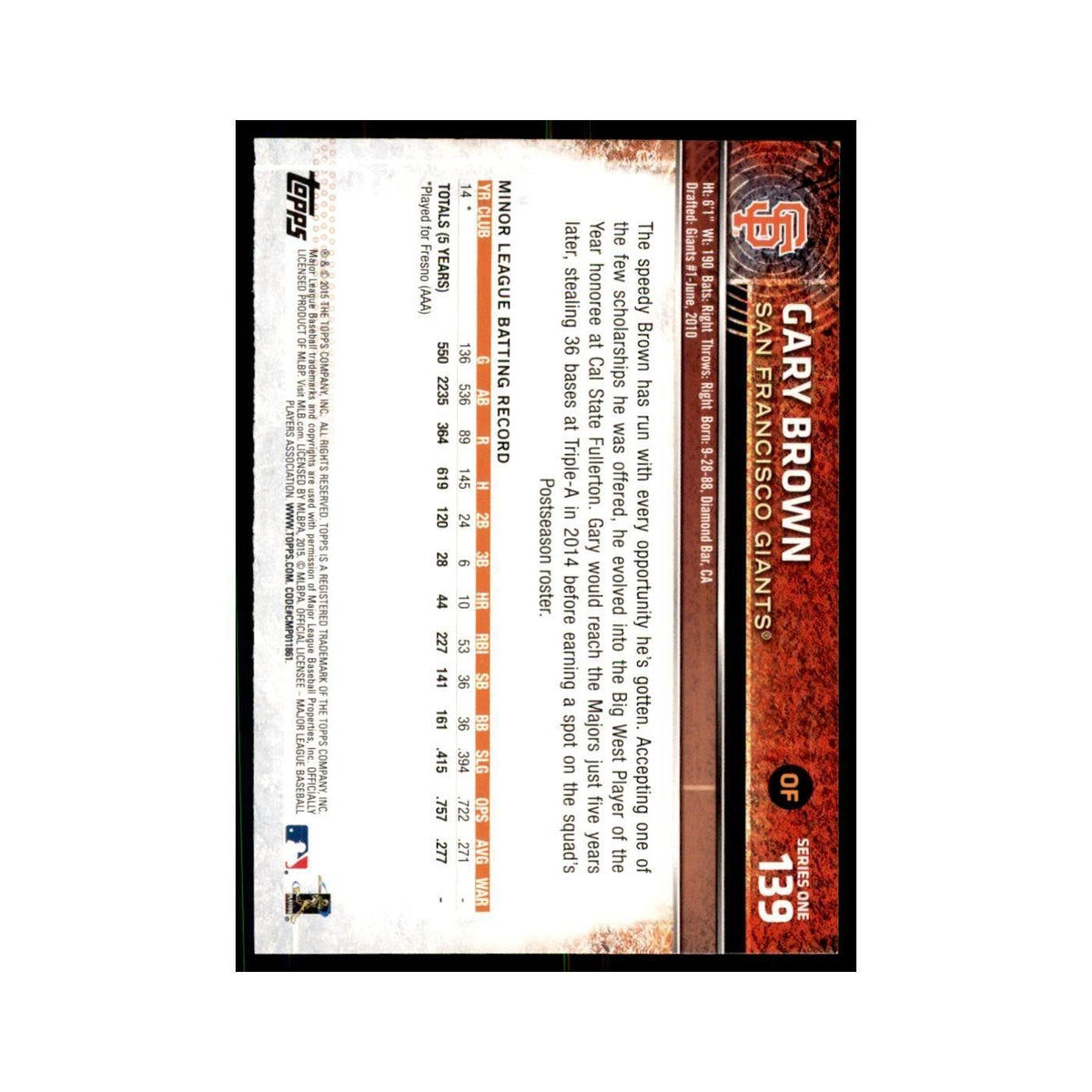 Gary Brown Rookie 2015 Topps #139 Baseball Cards Baseball Card NM
