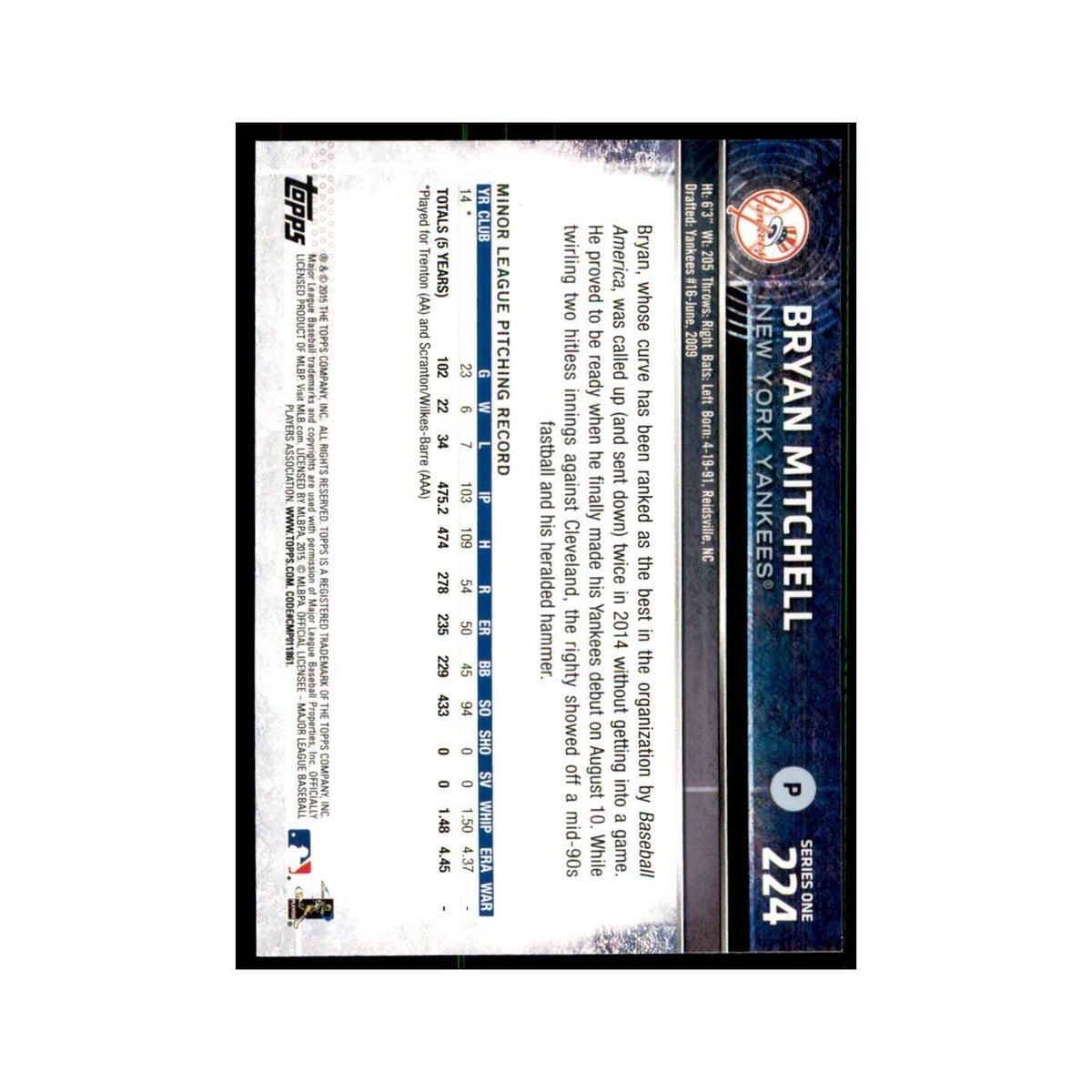 Bryan Mitchell Rookie 2015 Topps #224 Baseball Cards Baseball Card NM