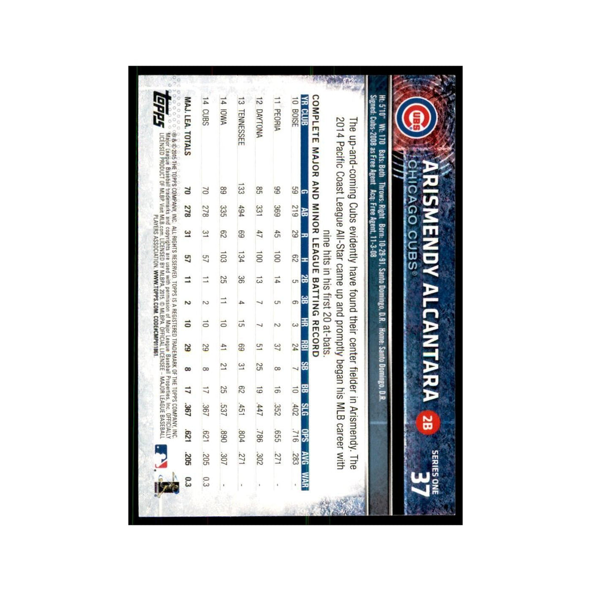Arismendy Alcantara 2015 Topps #37 Baseball Cards Baseball Card NM