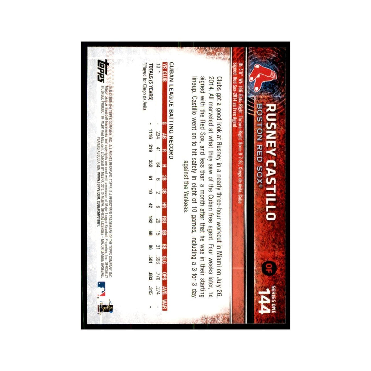 Rusney Castillo Rookie 2015 Topps #144 Baseball Cards Baseball Card NM