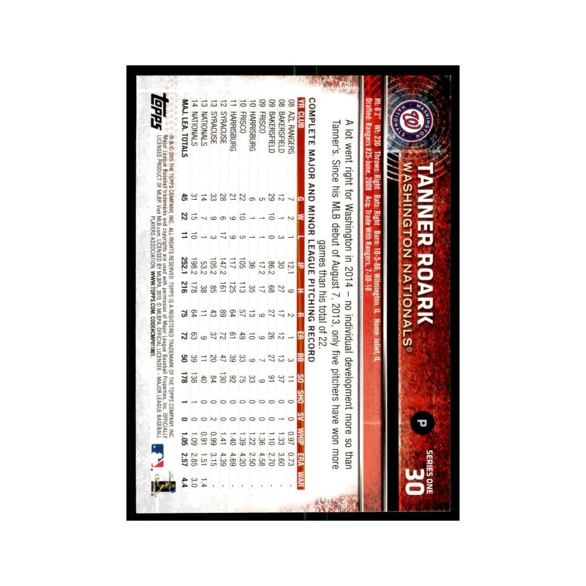 Tanner Roark 2015 Topps #30 Baseball Cards Baseball Card NM