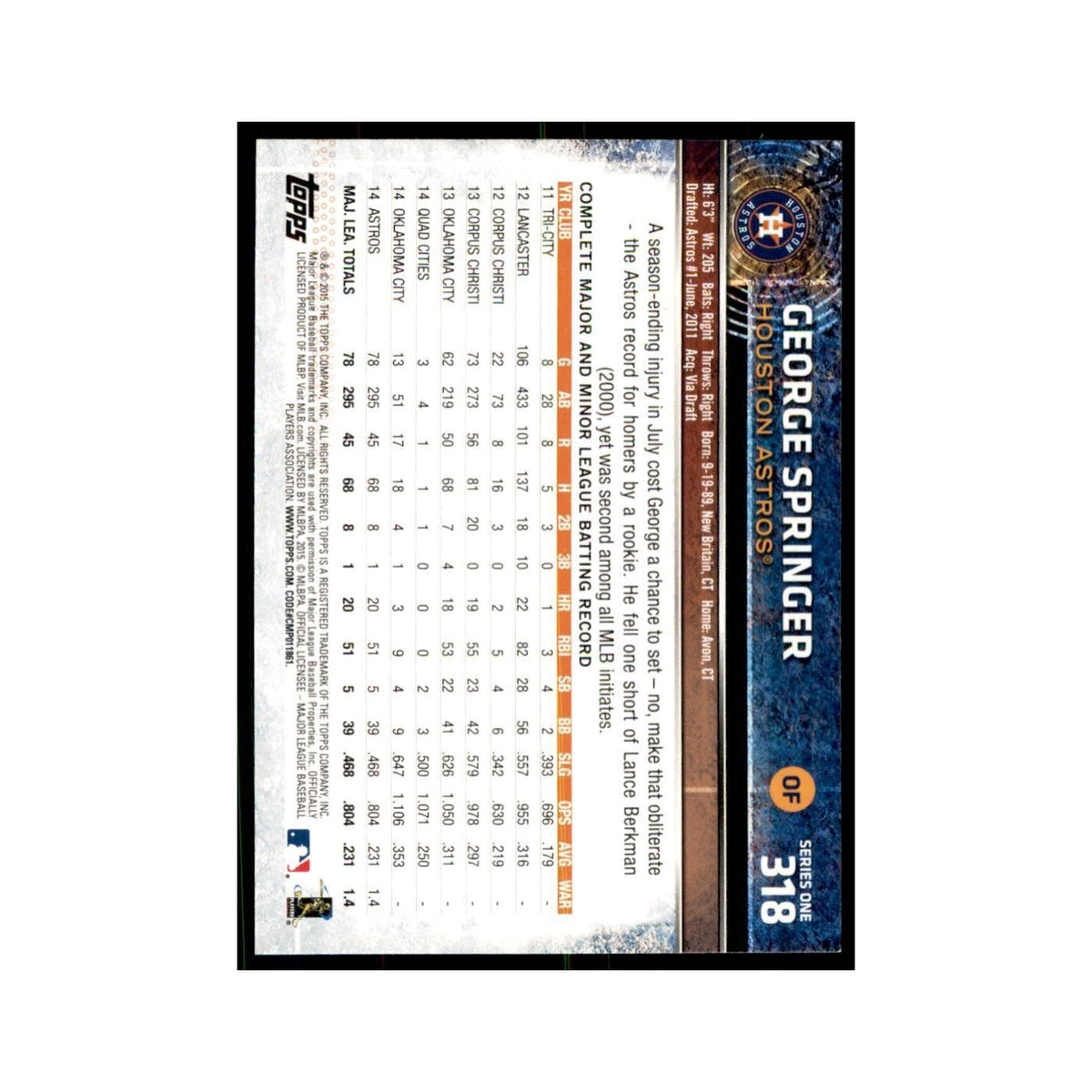 George Springer 2015 Topps #318 Baseball Cards Baseball Card NM