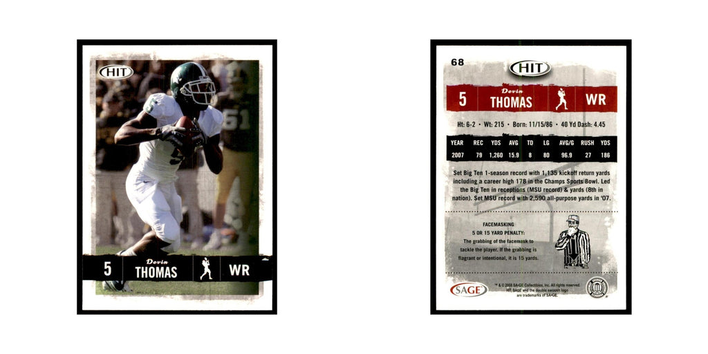 Devin Thomas 2008 SAGE HIT #68 Michigan State Spartans Football Card NM