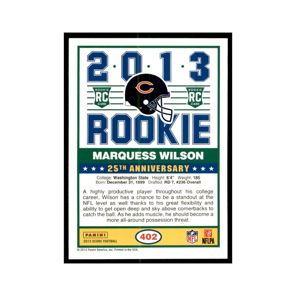 Marquess Wilson Rookie 2013 Score Red #402 Chicago Bears Football Card NM