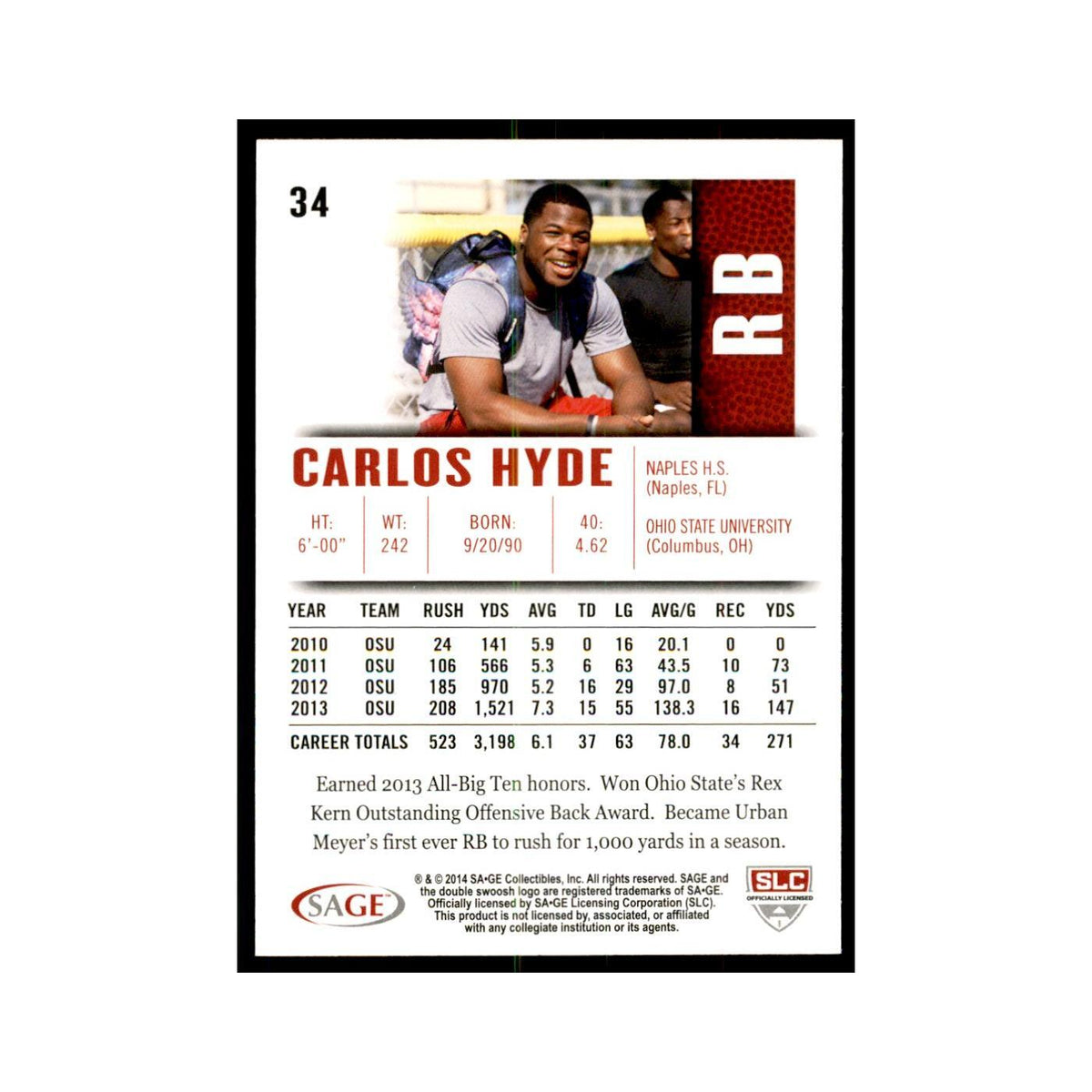 Carlos Hyde 2014 SAGE Hit #34 San Francisco 49ers Football Card NM