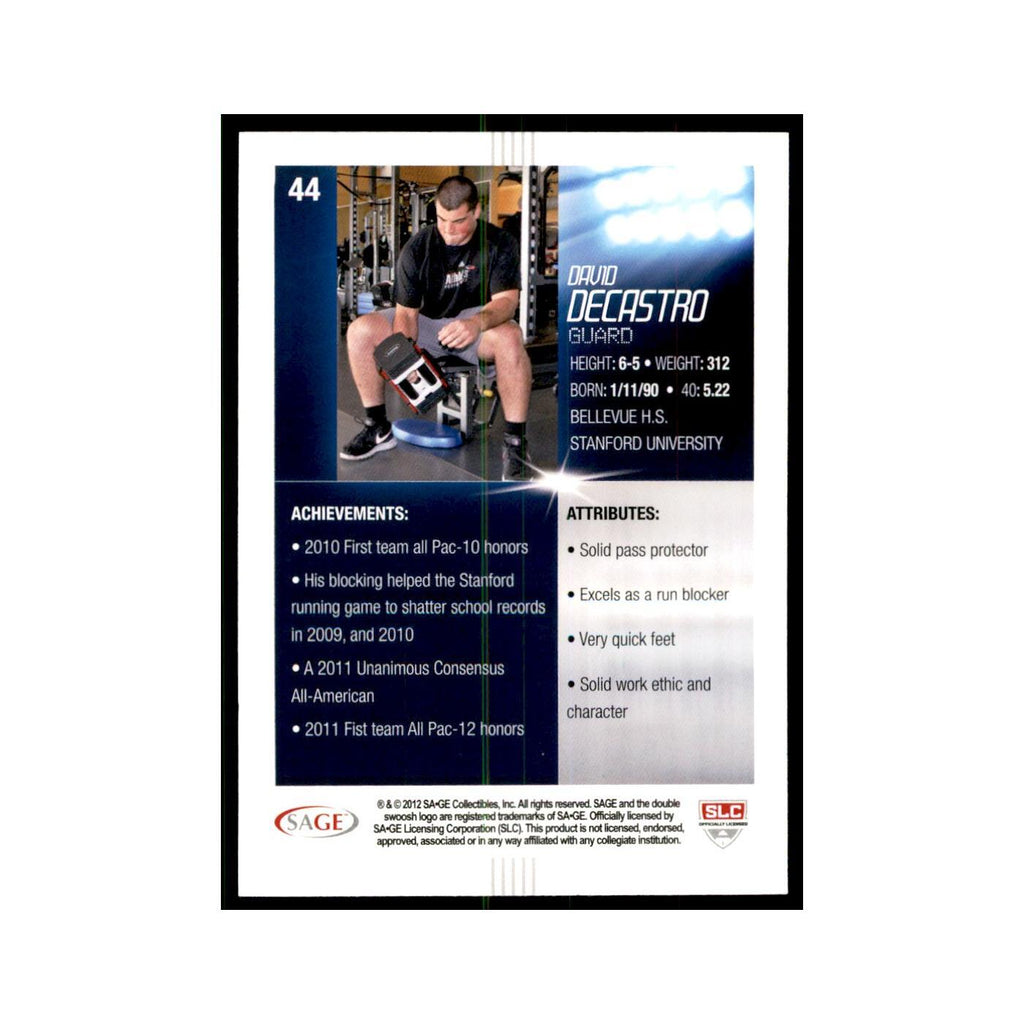 David DeCastro Rookie 2012 SAGE HIT #44 Stanford Cardinal Football Card NM