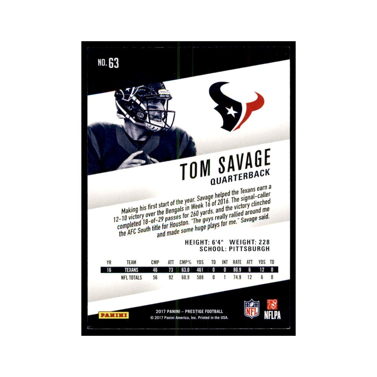 Tom Savage 2017 Panini Prestige #63 Houston Texans Football Card NM