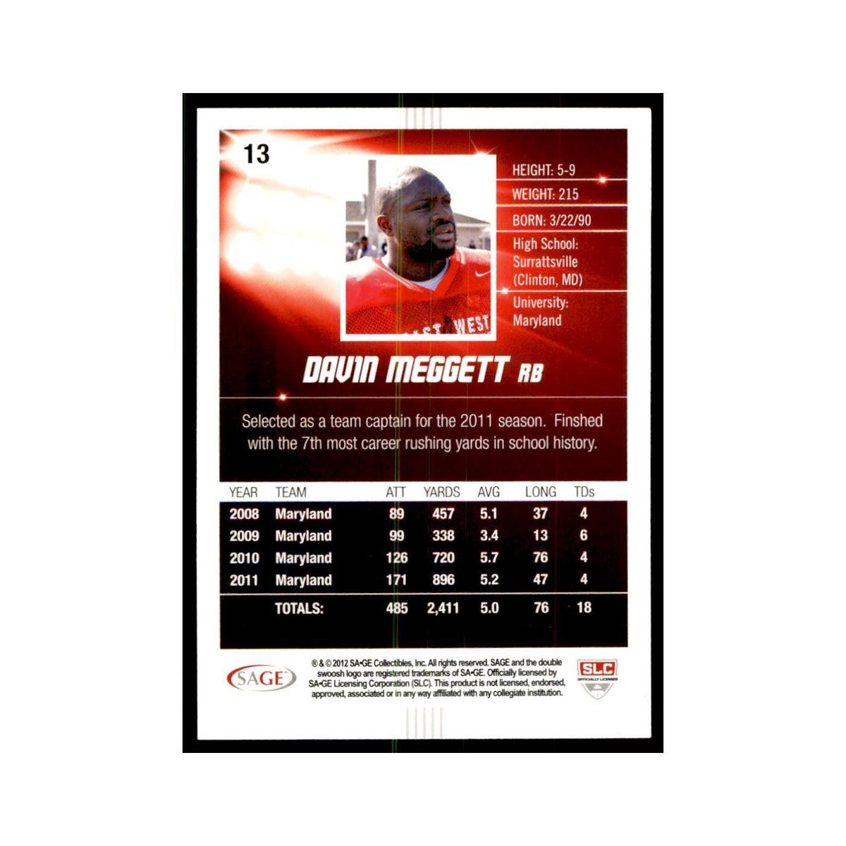 Davin Meggett 2012 SAGE HIT #13 Maryland Terrapins Football Card NM