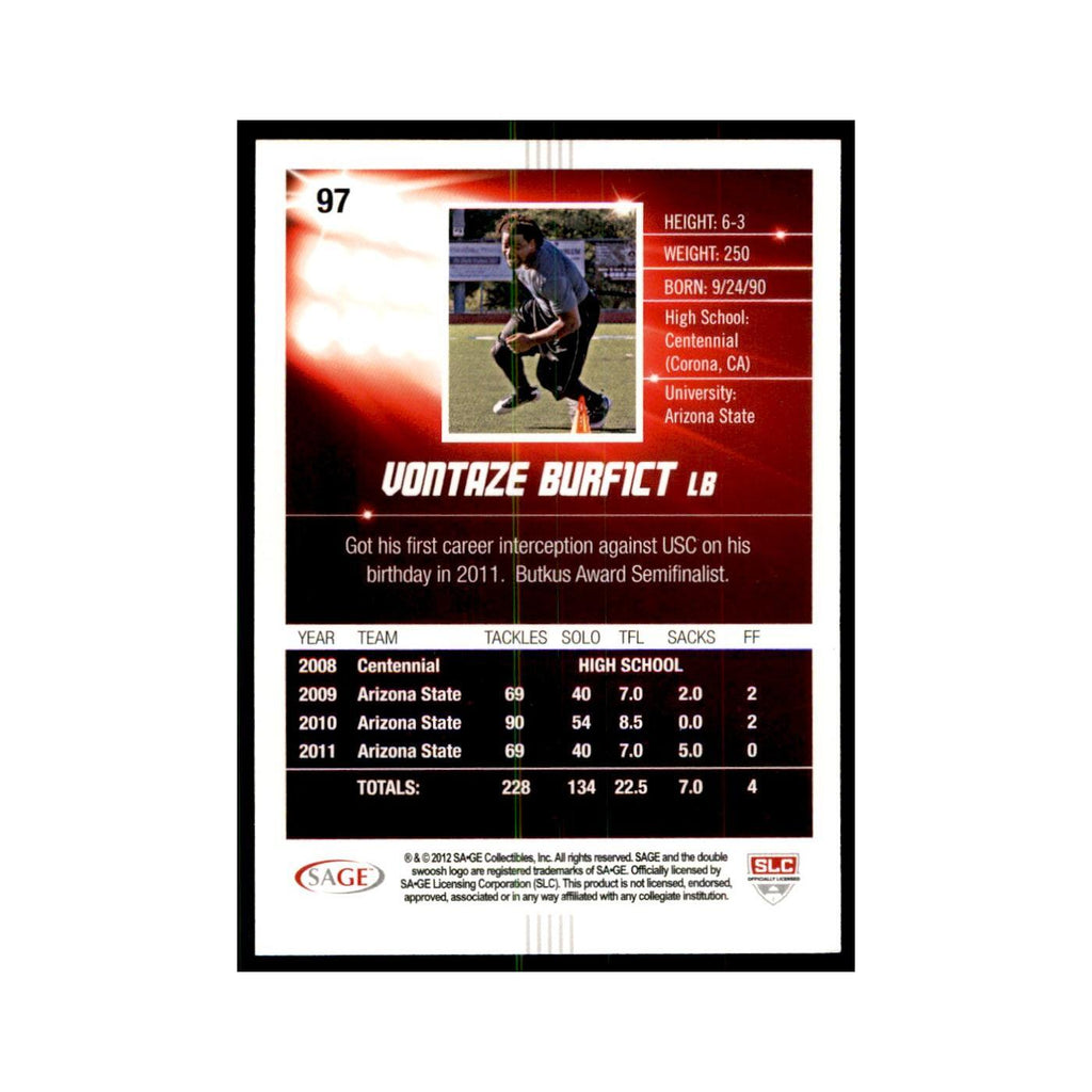 Vontaze Burfict 2012 SAGE HIT #97 Arizona State Sun Devils Football Card NM