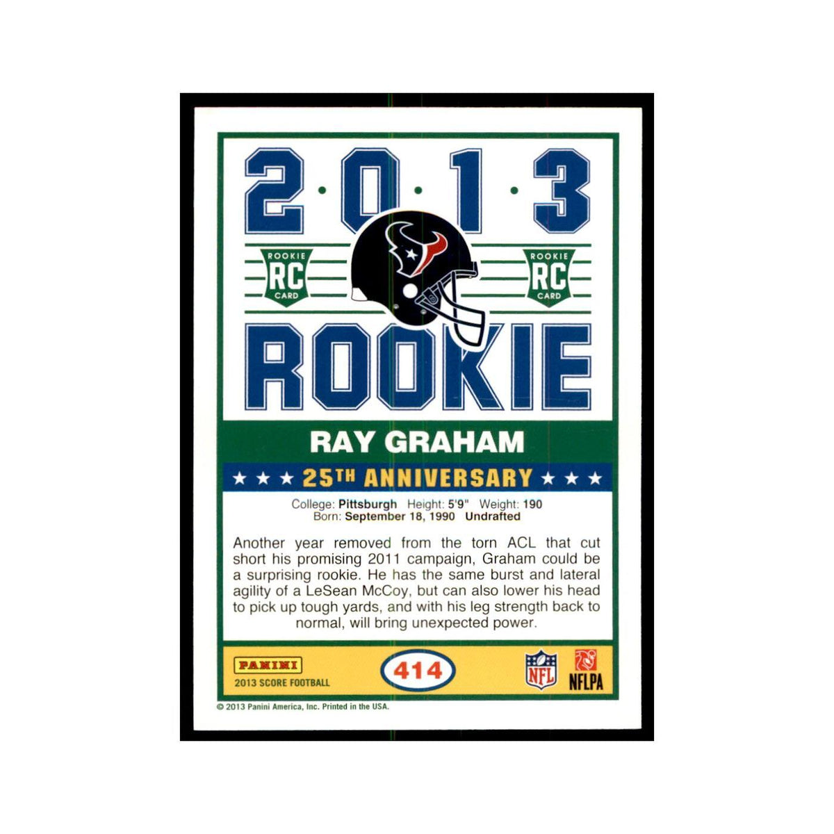Ray Graham Rookie 2013 Score #414 Houston Texans Football Card NM