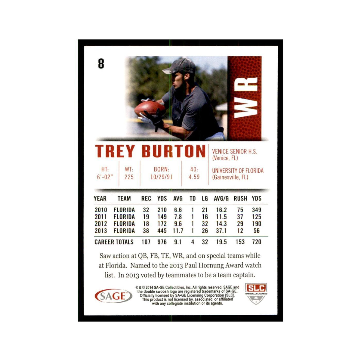 Trey Burton 2014 SAGE HIT #8 Florida Gators Football Card NM