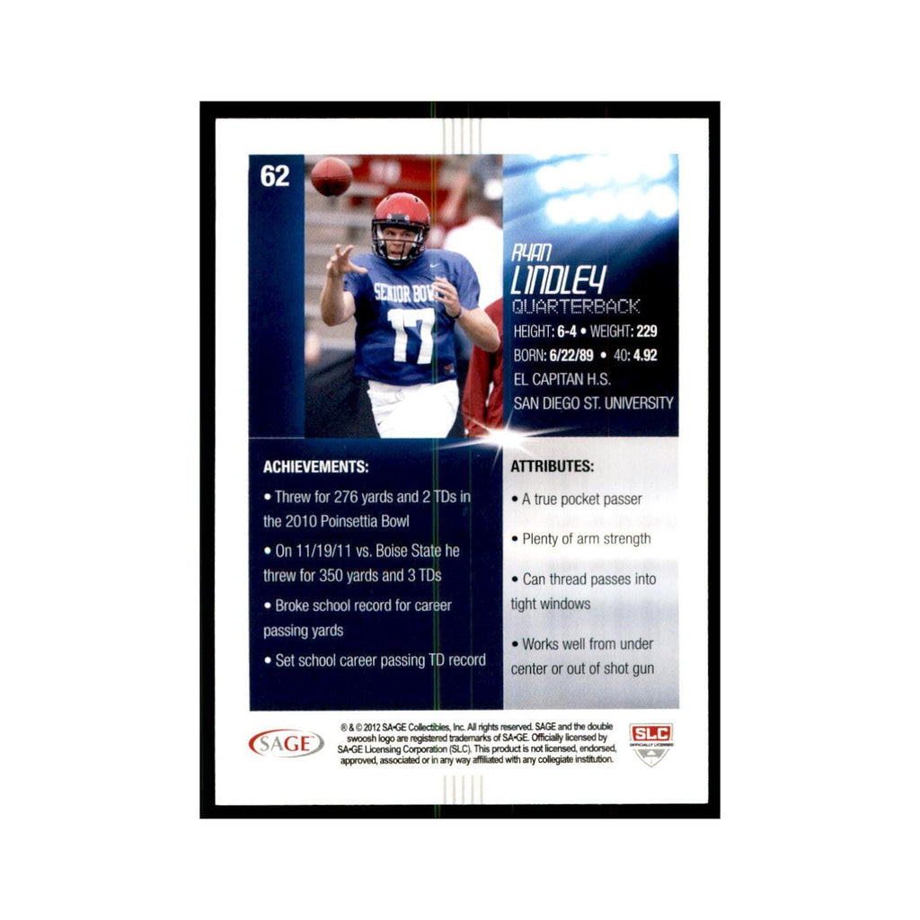 Ryan Lindley Rookie 2012 SAGE HIT #62 San Diego State Aztecs Football Card NM