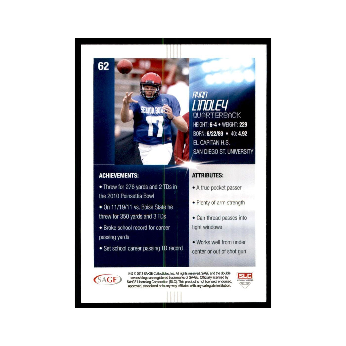 Ryan Lindley Rookie 2012 SAGE HIT #62 San Diego State Aztecs Football Card NM