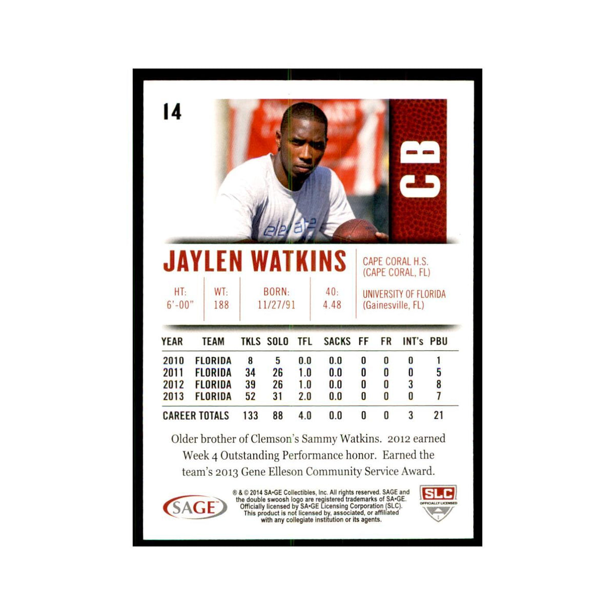 Jaylen Watkins 2014 SAGE HIT #14 Florida Gators Football Card NM