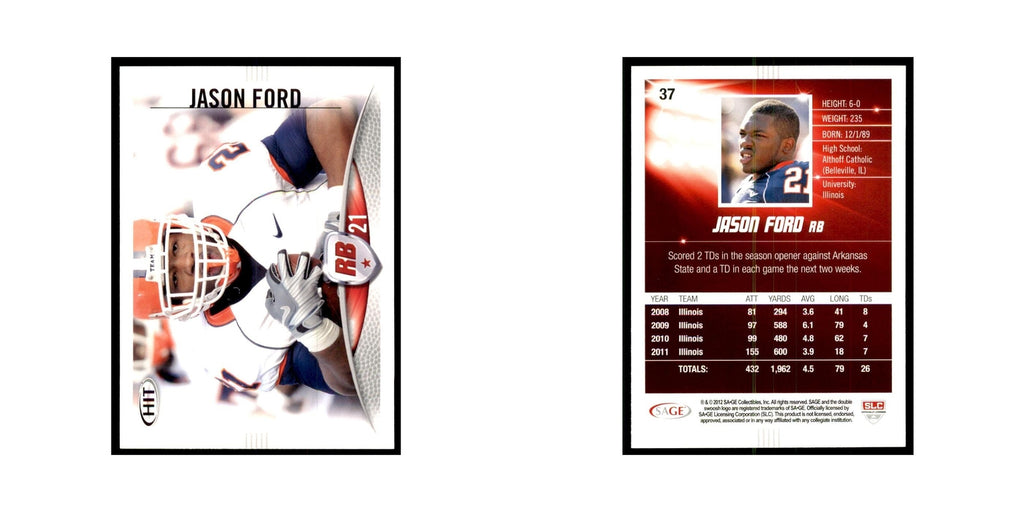 Jason Ford 2012 SAGE HIT #37 Illinois Fighting Illini Football Card NM
