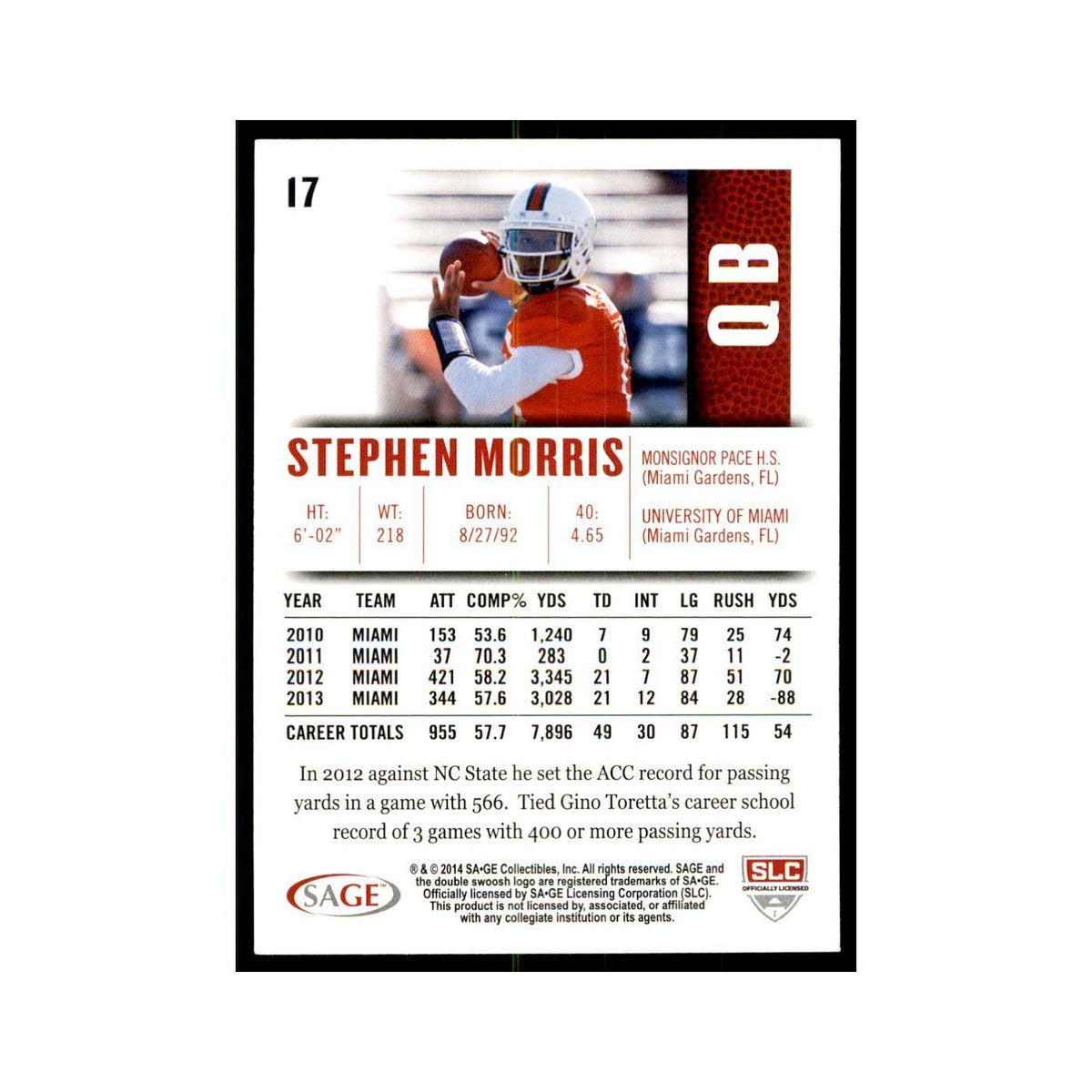 Stephen Morris 2014 SAGE HIT #17 Miami Hurricanes Football Card NM