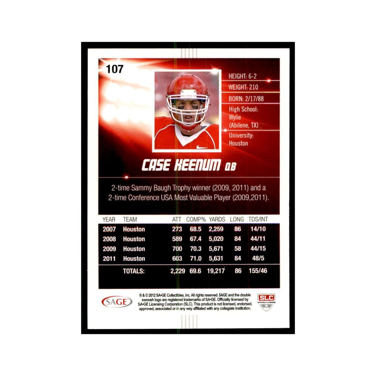Case Keenum 2012 SAGE HIT #107 Houston Cougars Football Card NM