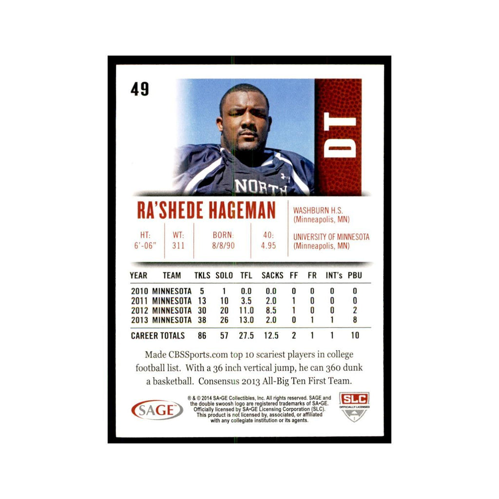 Ra'Shede Hageman 2014 SAGE Hit #49 Minnesota Golden Gophers Football Card NM