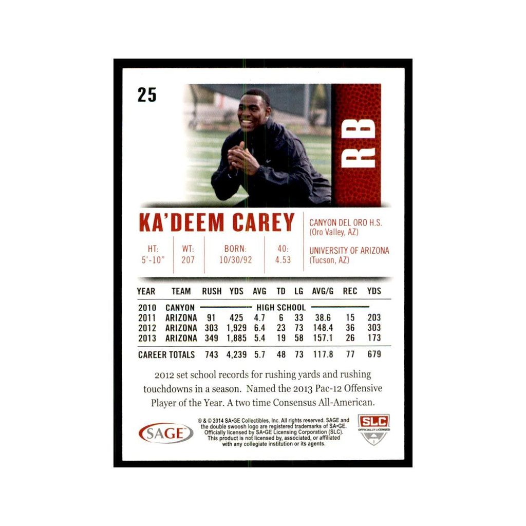 Ka'Deem Carey 2014 SAGE HIT #25 Arizona Wildcats Football Card NM