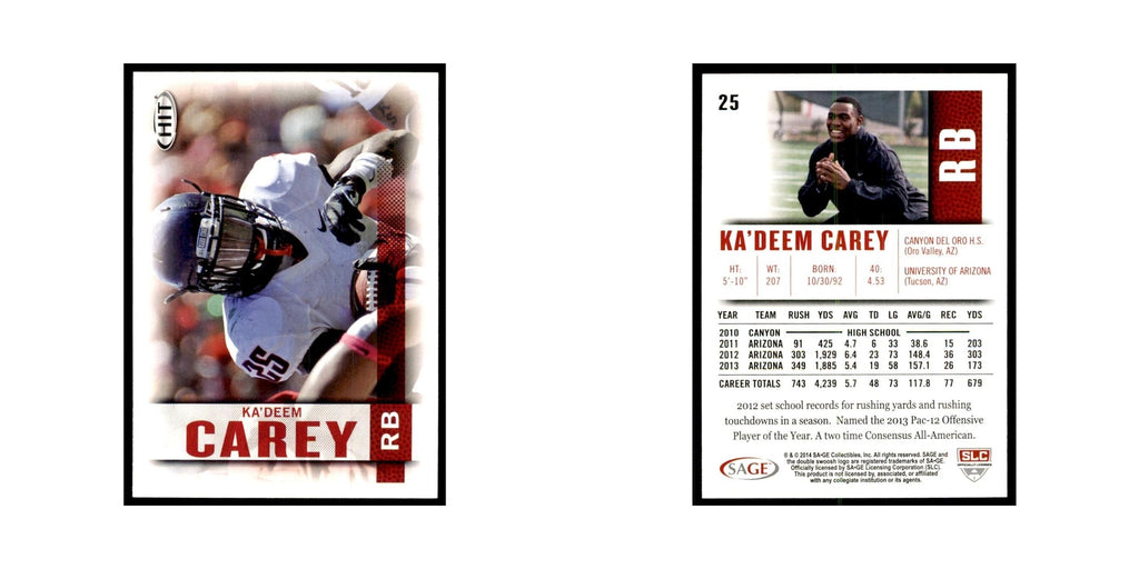 Ka'Deem Carey 2014 SAGE HIT #25 Arizona Wildcats Football Card NM